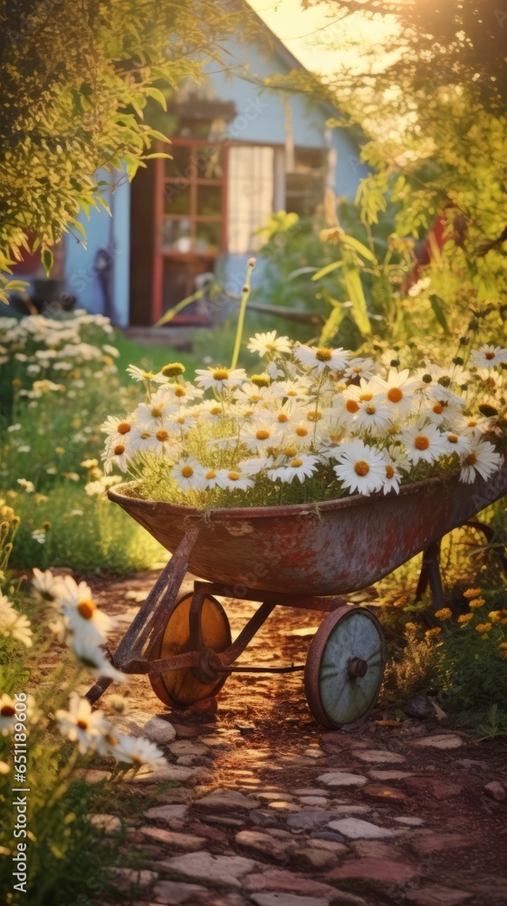 A colorful wheelbarrow overflowing with vibrant daisies in a beautiful garden