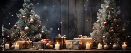 Christmas, New Year interior with red brick wall background, decorated fir tree with garlands and balls, dark drawer.