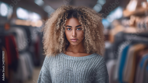 young adult woman Indonesian or African-American, works as a waitress and cashier in a clothing store