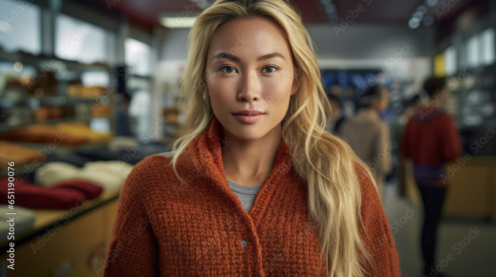 Thirty-year-old adult woman with dyed blonde hair, tanned skin tone, wearing cotton jacket, customer or working in a clothing store Thirty-year-old adult woman with dyed blonde hair, tanned skin tone, wearing cotton jacket, customer or working in a clothing store