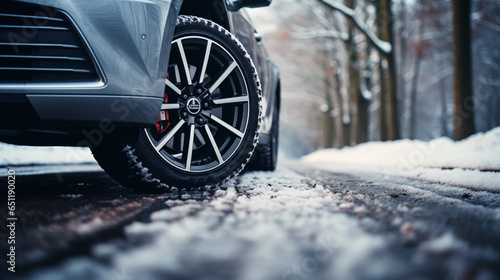 Car tires on winter snowy road covered with snow, low angle side view photo