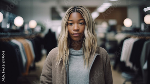 young adult woman with dyed blonde hair, tanned skin tone, wearing turtleneck sweater and thin cotton jacket, customer or working in a clothing store