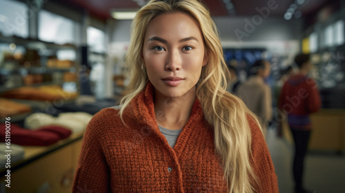 Thirty-year-old adult woman with dyed blonde hair, tanned skin tone, wearing cotton jacket, customer or working in a clothing store