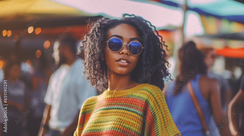 young adult woman, wearing poncho and sunglasses, everyday life, sandy beach, tropical, local market or nightlife