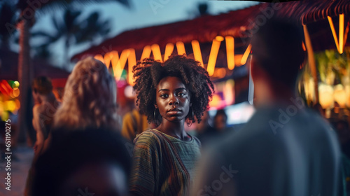 young adult woman, proud or waiting or looking for someone, in nightlife with many people or night market