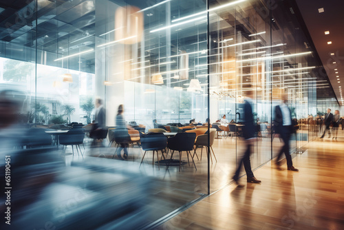 Business people rushing in modern office interior. Motion blur.