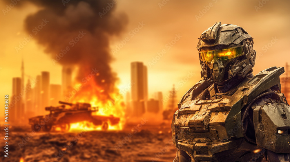 a scary machine is armed with a gun, metal skeleton human-like, burning building, fire and flames