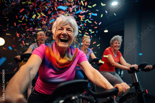 Cheerful elderly woman on indoor cycling class with her senior colleagues at fitness center. © Bojan