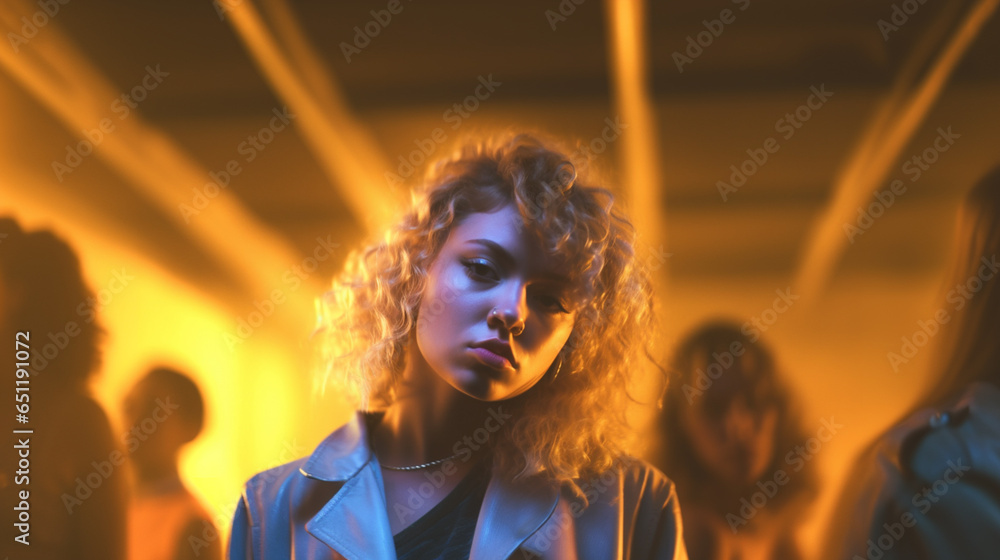 on the dance floor with orange light and spotlights, party in a club or bar, curly hair, caucasian