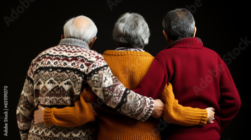 Rear view of three older people, two old men and in the middle an old woman, gray hair, winter knitted sweater, best friends or family