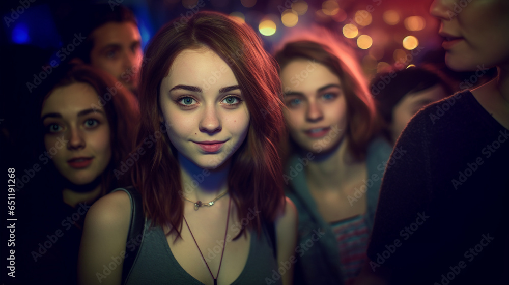 in a club or bar or disco, teenage girl with red-brown hair, with friends in a group on the dance floor