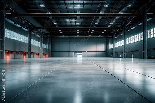 Storage Warehouse or industrial building. Modern interior design with polished concrete floor and empty space for product display, industry background © Jezper