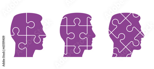 Head, face and jigsaw puzzle pieces. World alzheimer's day. People suffering from the brain disease and memory loss, for neurology, mental illness. Alzheimer disease symptoms. Dementia ribbon.
