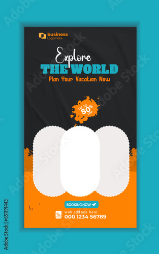 Enjoy holiday roll up banner design. Travel and tourism agency standee design template.