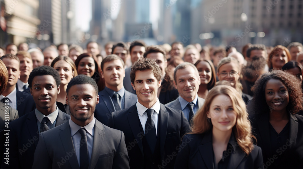 Portrait of Multi-cultural business people outdoors. Large group of smiling people wearing formal wear on city street. Portrait of Multi-cultural business people outdoors. Large group of smiling people wearing formal wear on city street.