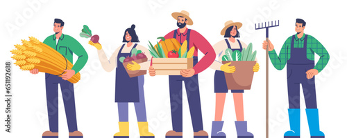 Farming and agriculture, harvesting. Characters dressed In work clothes with fresh vegetables, wheat. Agriculture farm workers. Vector illustration for mobile and web graphics. photo