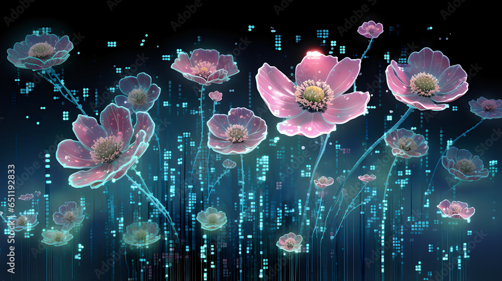 Binary Blooms: Illustration of a garden of binary code flowers in various stages of blooming, signifying the evolving cybersecurity measures and their progress in safeguarding digital assets - obrazy, fototapety, plakaty 
