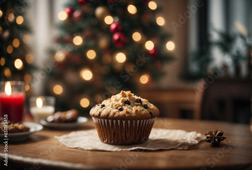 Muffin su una tavola decorata per le feste di Natale con candele, decorazioni e albero sullo sfondo