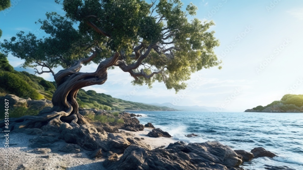 A tree on a rocky beach next to the ocean