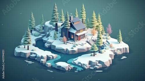 A small house on a small island surrounded by trees