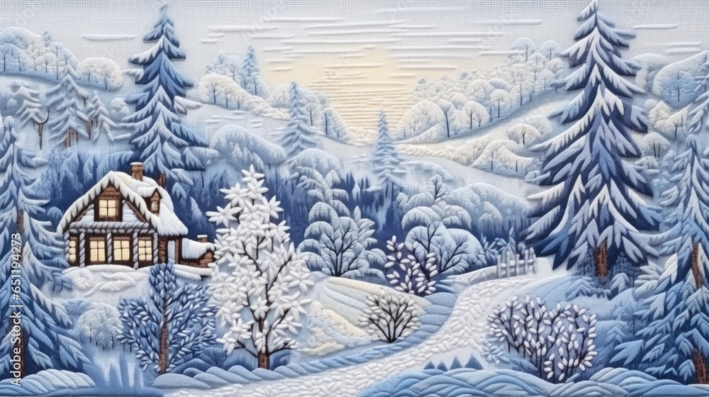 A painting of a house in a snowy forest A painting of a house in a snowy forest