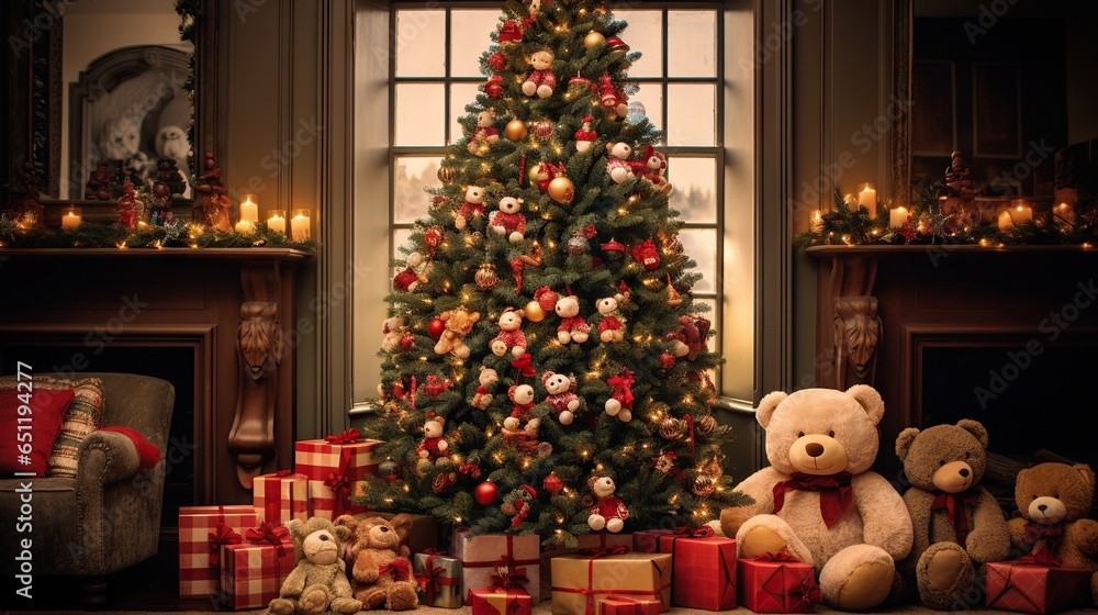  a christmas tree with presents and teddy bears in front of it.  generative ai