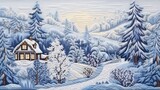 A painting of a house in a snowy forest