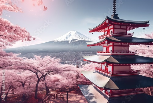 Red chureito pagoda with cherry blossom and Fujiyama mountain, Generative AI