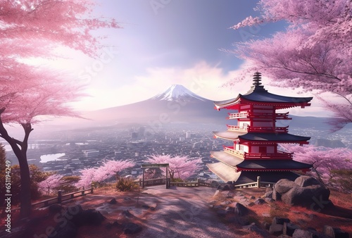 Red chureito pagoda with cherry blossom and Fujiyama mountain, Generative AI photo