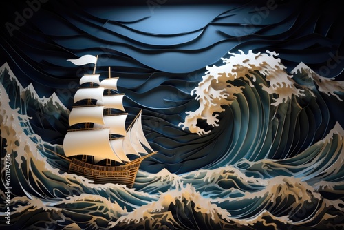 Ship in storm wallpaper. Kirigami paper craft