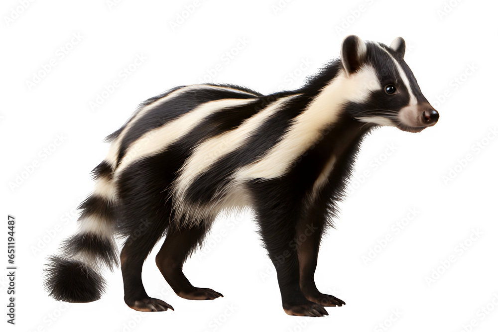 Black and white skunk isolated on transparent background ,skunk side view png ,generative ai Black and white skunk isolated on transparent background ,skunk side view png ,generative ai