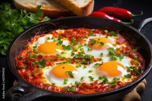 Shakshuka with tomatoes and green onions in a frying pan