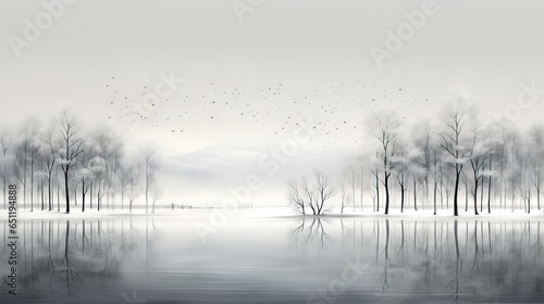  a painting of a lake with trees and birds flying in the sky. generative ai