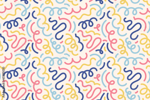 Doodle squiggle print. Fun yellow pink blue line seamless pattern.