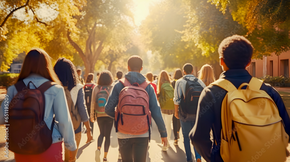 ©  Studio AB Images - Rear view of group of diverse and multiracial high school students with backpacks going to the school in the morning.