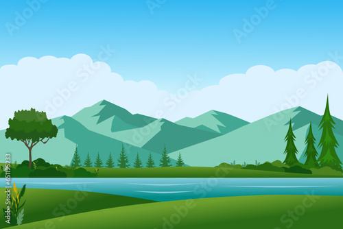 Mountain lake landscape vector illustration with green meadows and trees in the morning.