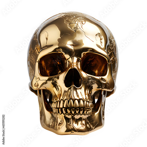 gold skull isolated on transparent background ,golden skull carving front view png ,generative ai