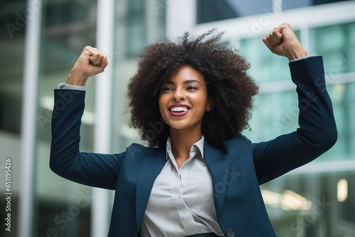 Young black beautiful woman wearing business clothes, very happy and excited doing winner gesture with arms raised, smiling for success. Celebration concept.