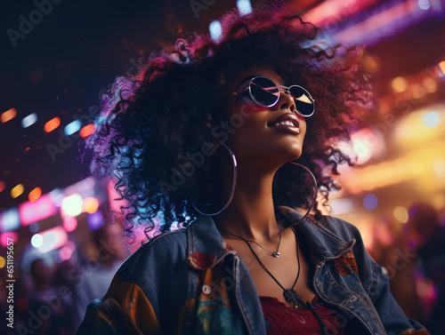 Beautiful African American black woman is having fun at a music event, enjoying at an open air venue in the night.