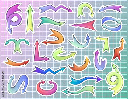 set of stickers of gradient bright multi-colored volumetric thick arrows of direction and growth in a cartoon doodle style. Vector arrows for infographics, planners