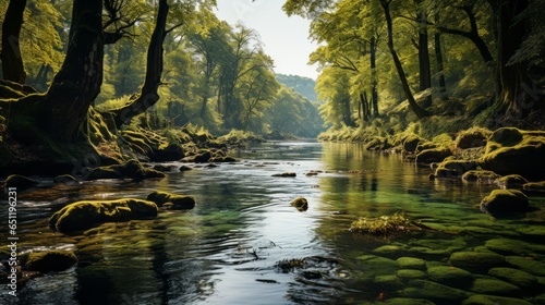 A wild river winds through a lush forest of trees, rocks, and plants, creating a breathtaking landscape that captures the essence of nature's beauty