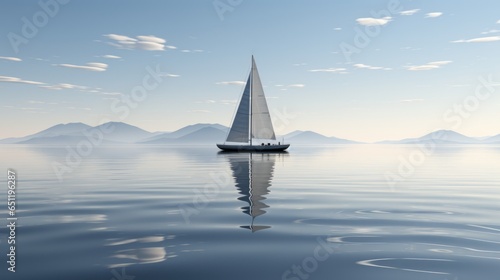 A solitary sailboat rides atop still lake, its sails billowing in wind and its reflection stretching towards the distant mountain range, offering a peaceful moment to marvel at the beauty of nature