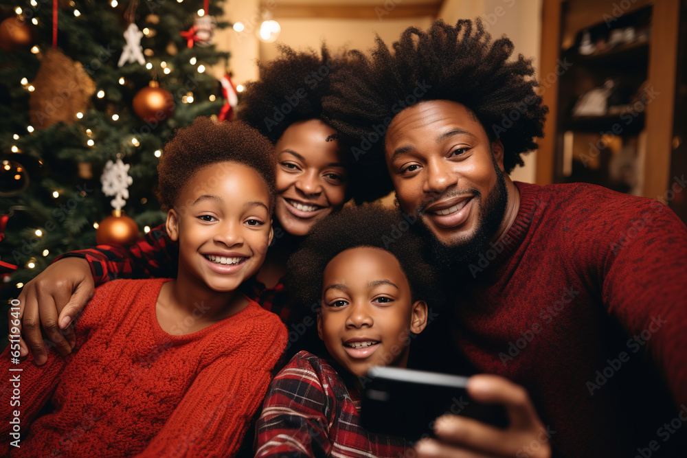 A photo of a loving family hugging, taking a selfie, wearing red sweaters during the Christmas holiday, with a decorated Xmas tree indoors at home. A photo of a loving family hugging, taking a selfie, wearing red sweaters during the Christmas holiday, with a decorated Xmas tree indoors at home.