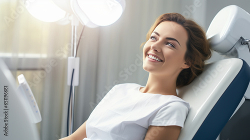A patient smiling confidently after completing a successful teeth whitening procedure at the dentist's office