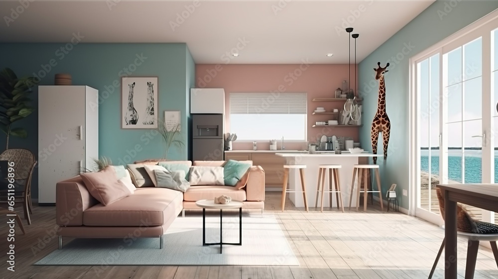 Fototapeta premium Boho chic, modern, and vibrant beach house interior with panoramic view to the coast 
