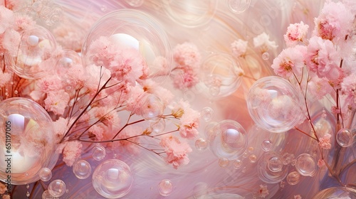  a painting of pink flowers and bubbles floating in the air.  generative ai © Anna