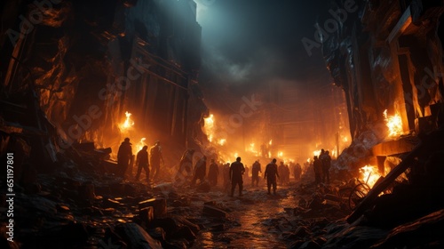 A group of zombies marches through the fiery depths of the city, their inner strength and connection to nature blazing as bright as the flames that light their way