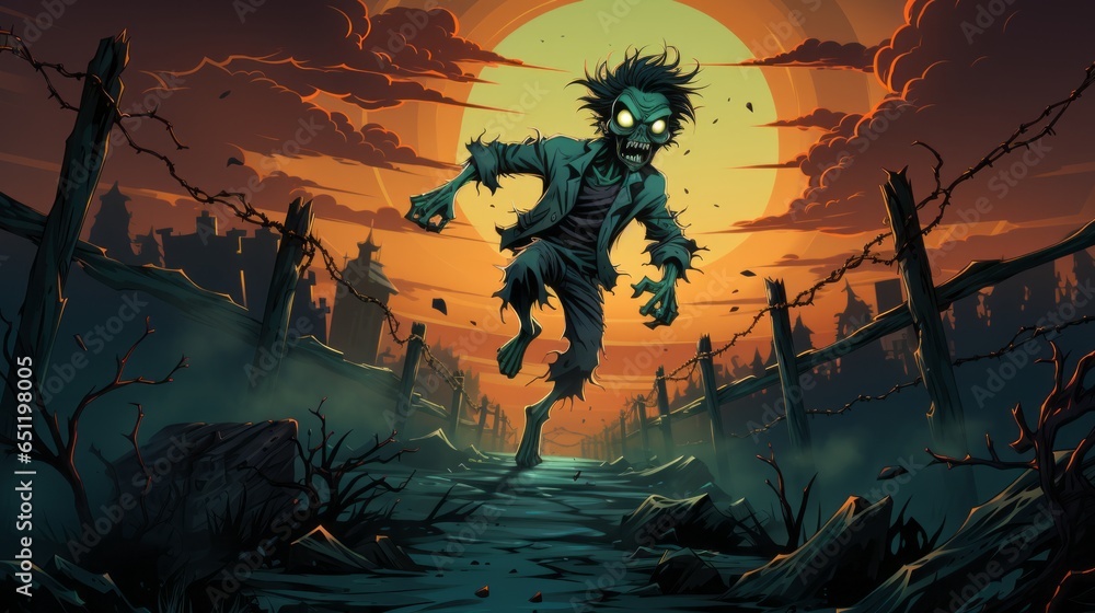 A mesmerizing animation of a zombie running across a picturesque bridge at sunset, highlighting the captivating power of anime and fiction