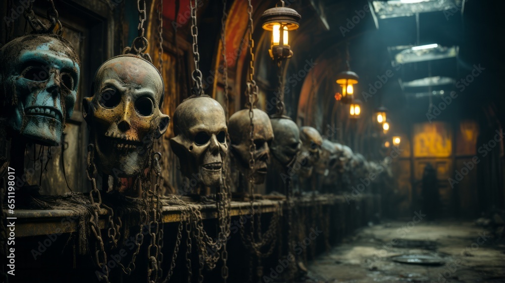 On a dark night, a row of skulls suspended from chains ominously illuminates an otherwise shadowy street, casting a sinister pallor over the otherwise peaceful outdoor building