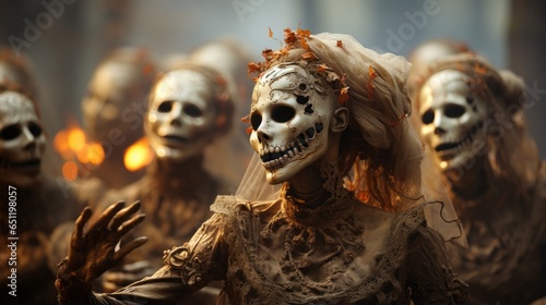 A group of eerie zombies shrouded in horror-themed masks and clothing stand ominously outdoors, setting an eerie atmosphere